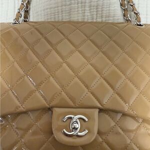Chanel Beige Quilted Patent Leather Shoulder Bag